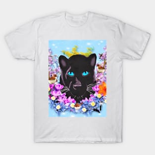 Black Panther and Flowers T-Shirt
